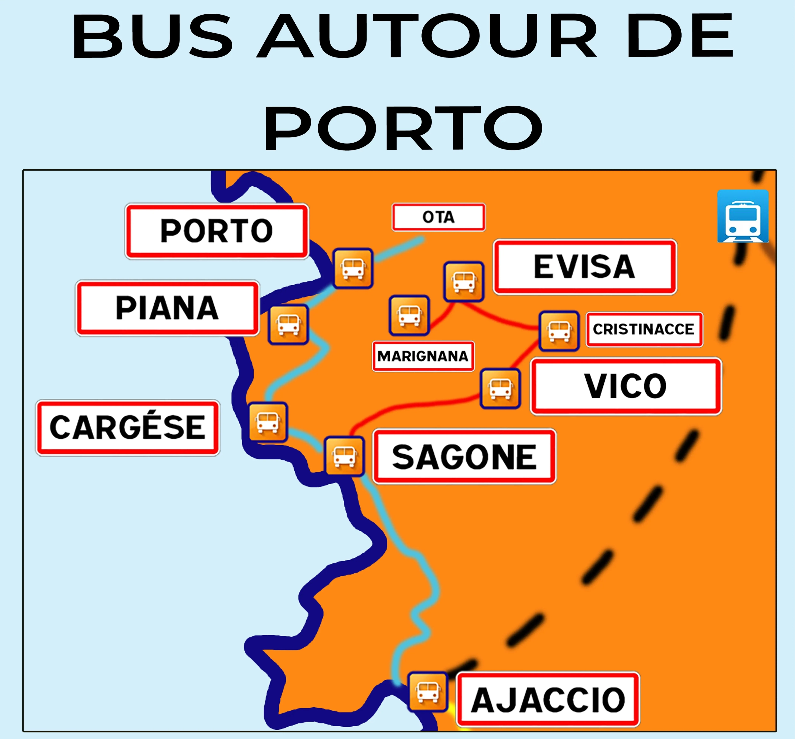 Carte détaillée des lignes de bus entre Porto et Cargèse - Transport public Corse