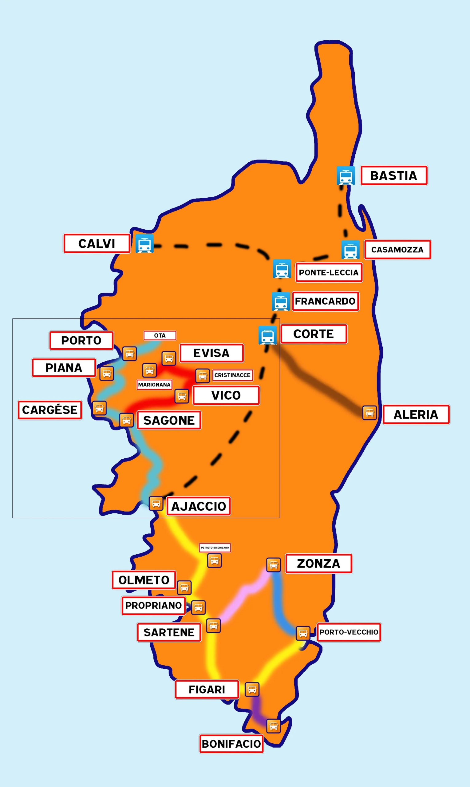 Réseau des bus et trains en Corse - Carte des transports publics incluant les liaisons Porto, Piana, Cargèse, Ajaccio et la région